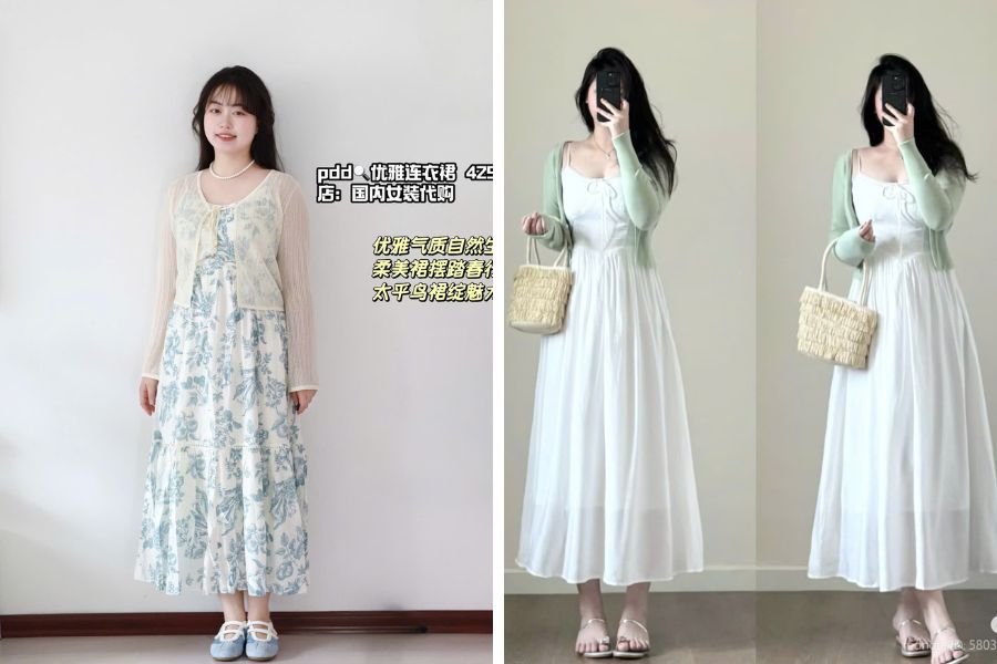 Áo cardigan mỏng màu xanh phối với váy hoa nhí