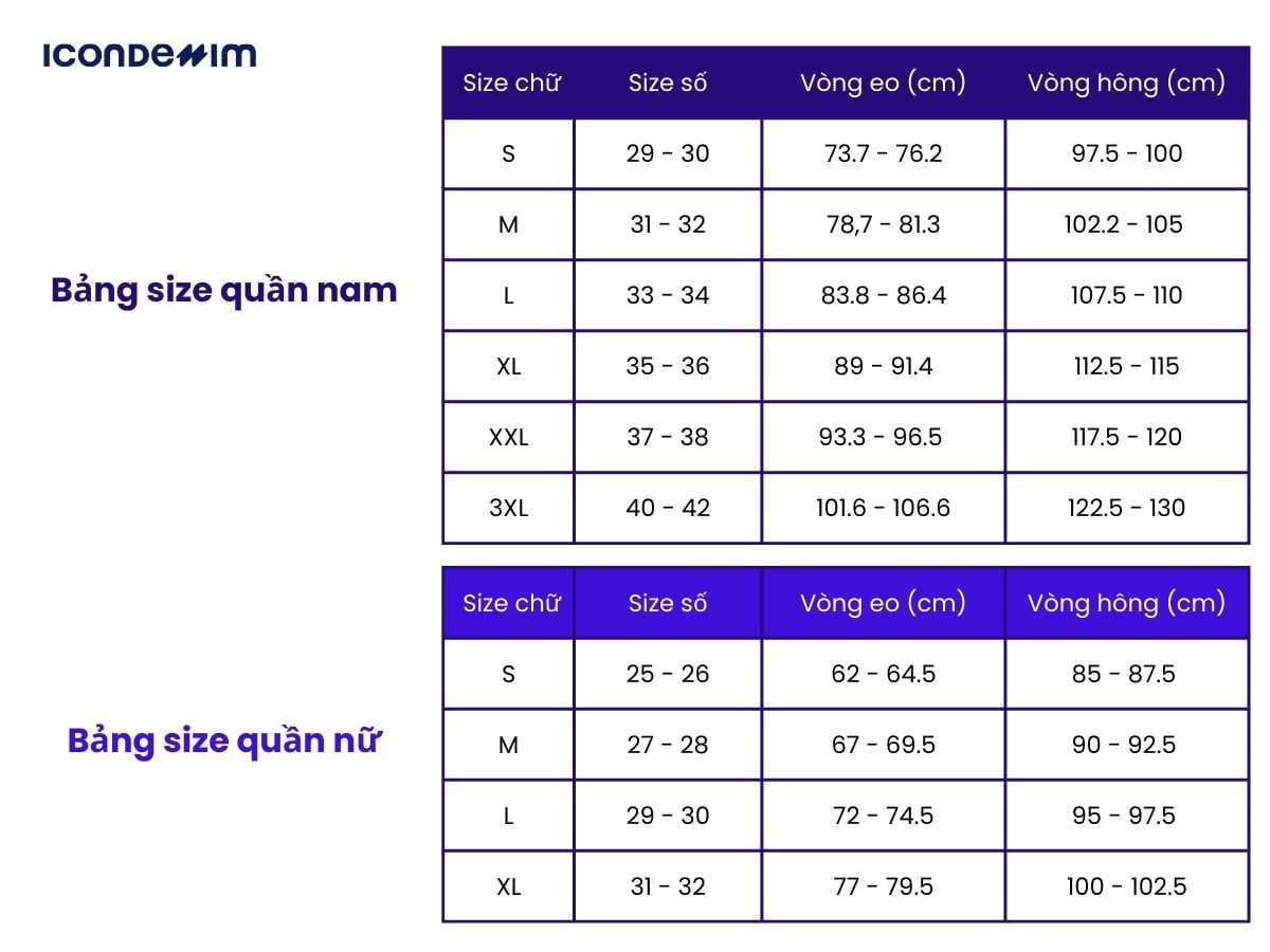 Bảng size quần nam nữ theo số đo