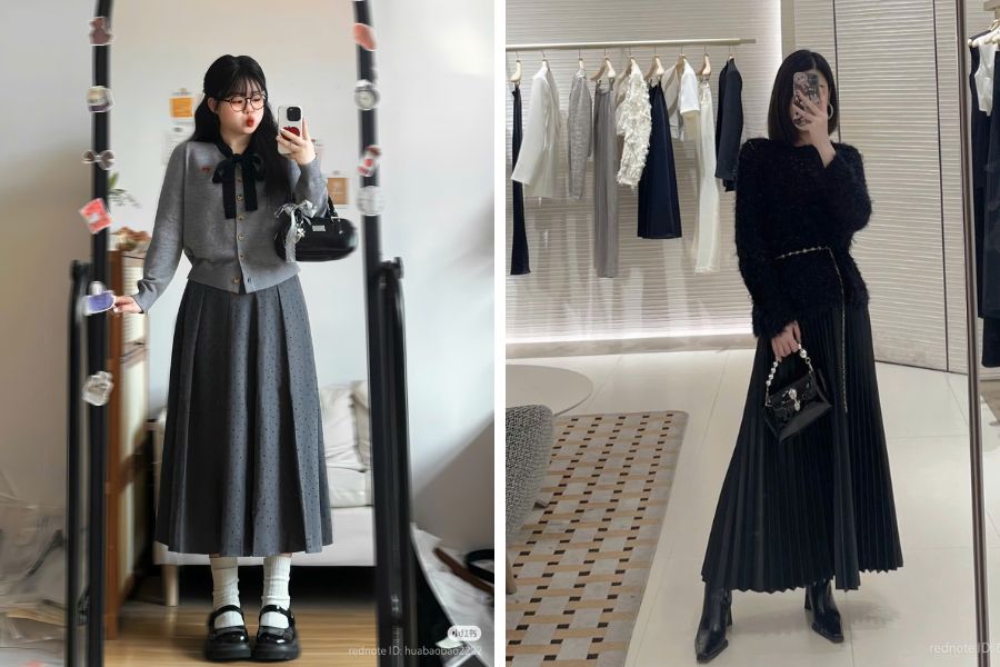 Mix áo sweater với chân váy sử dụng màu sắc đồng nhất