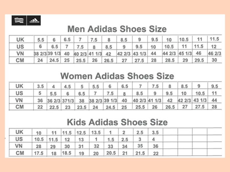Bảng size giày Adidas, Puma và Yonex