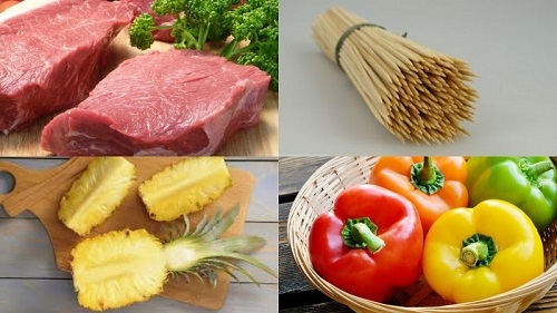 Nguyên liệu nấu ăn gồm thịt cá rau củ được chuẩn bị sẵn trên bàn bếp