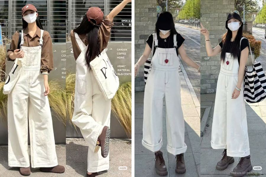 Kết hợp quần bò yếm trắng với áo màu đen hoặc nâu đậm
