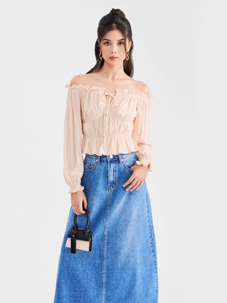 Áo croptop trễ vai tay dài