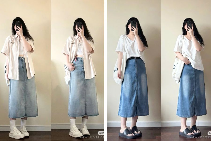 Mix áo thun croptop trắng với chân váy xanh