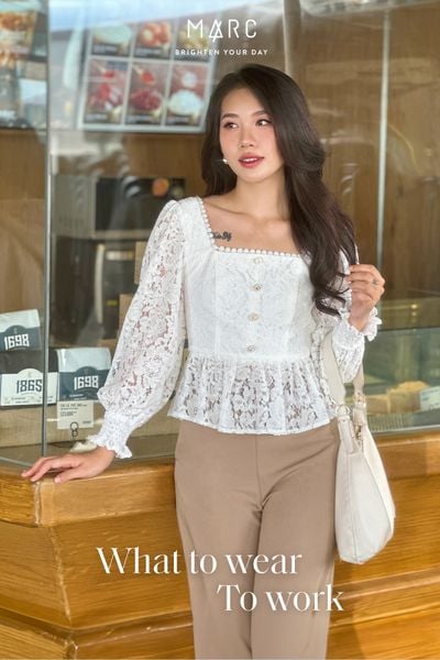 Áo ren tay dài cổ vuông thắt nơ lưng