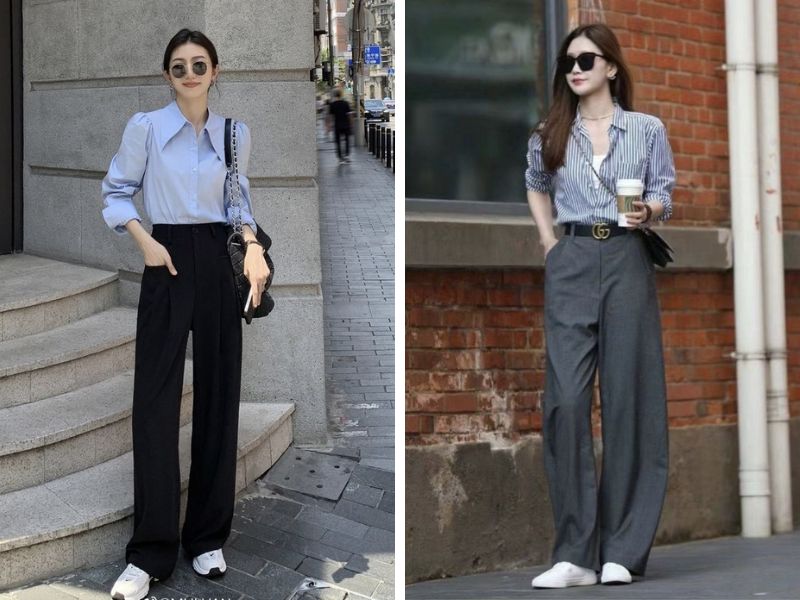 Outfit áo sơ mi phối quần ống đứng