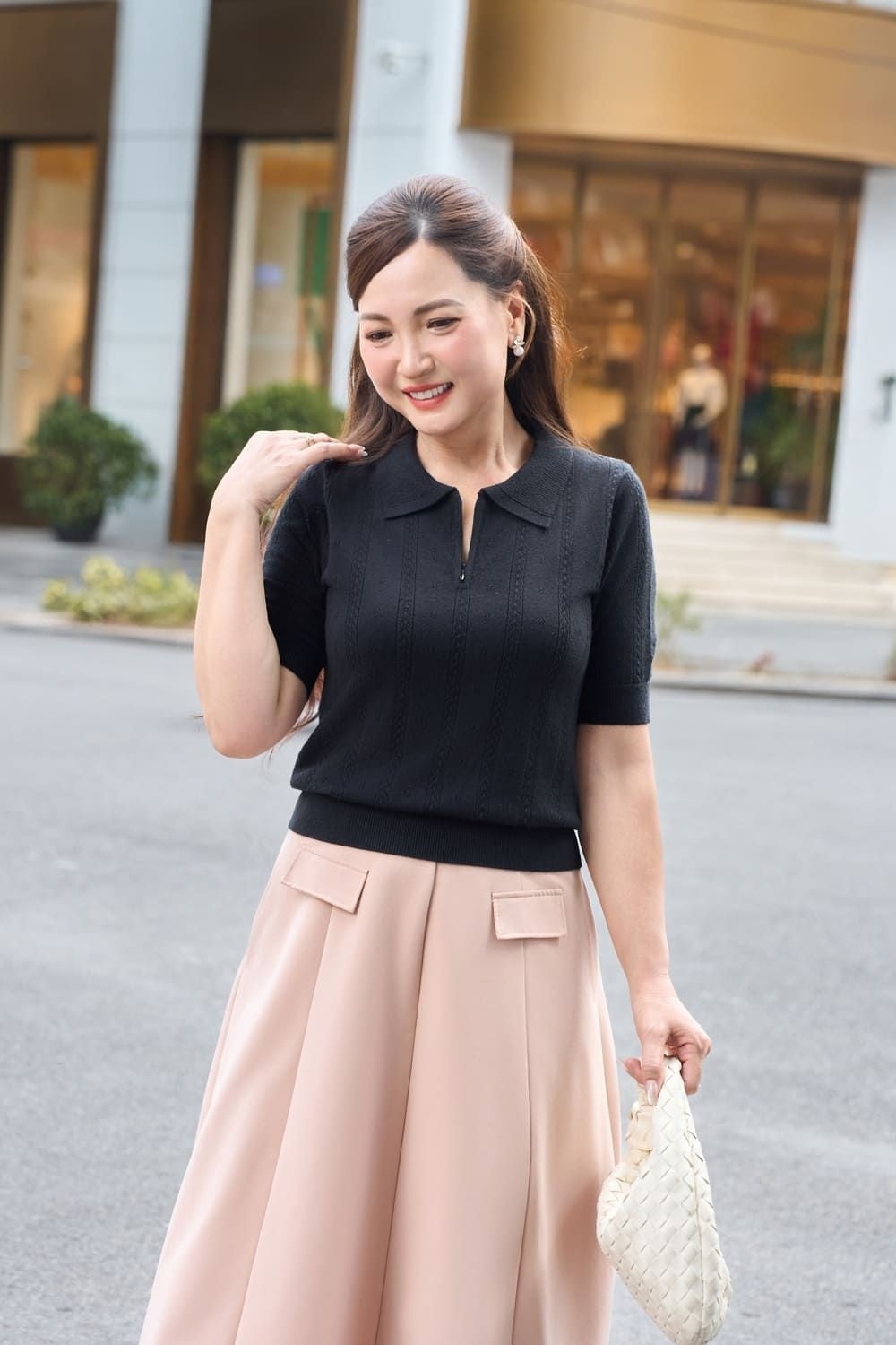 Áo len dệt kim phối chân váy midi thanh lịch cổ điển