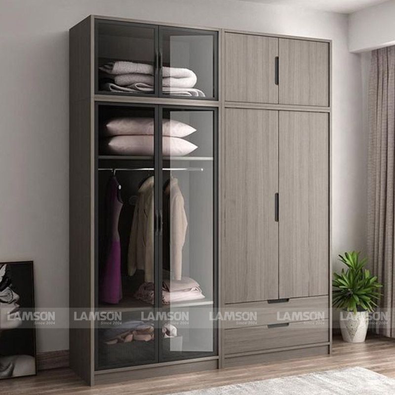 Tủ quần áo đôi nổi bật với sự kết hợp hài hòa giữa cánh kính và cánh gỗ
