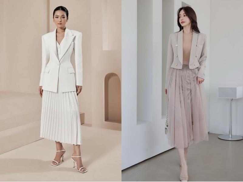 Chân váy xếp ly phối với áo vest
