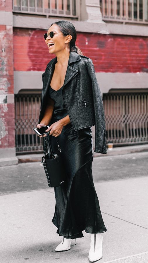 Slip dress phối áo khoác da