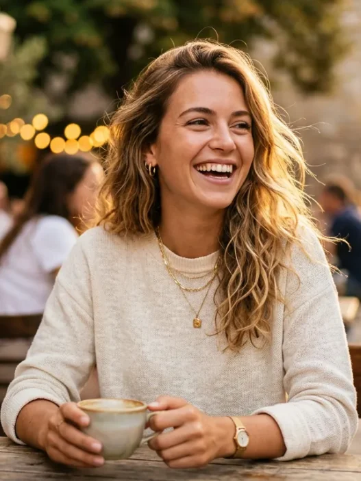 Outfit nữ nữ tính hiện đại với áo mềm, quần tối màu và giày gọn