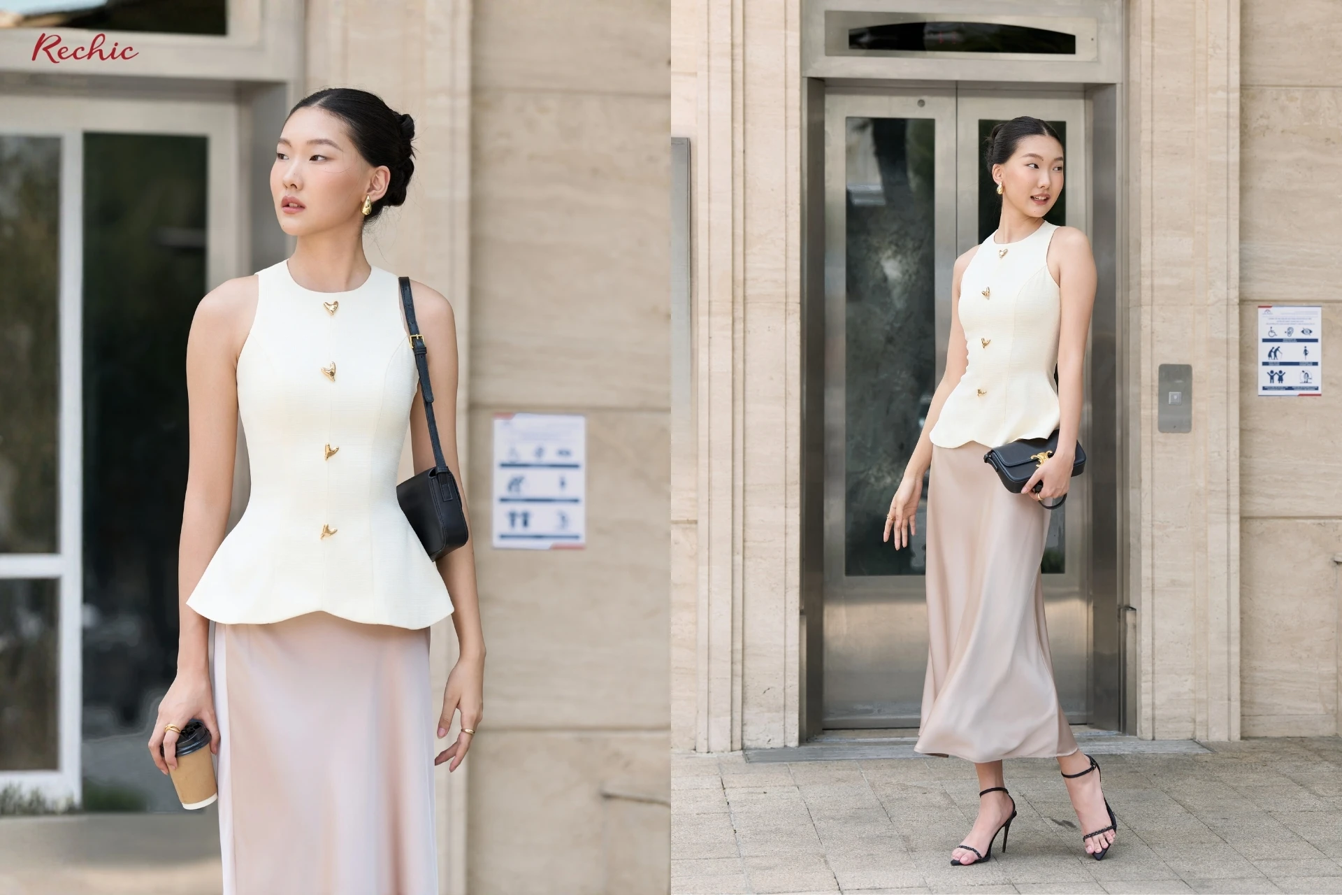 Áo peplum phối chân váy dài thanh lịch