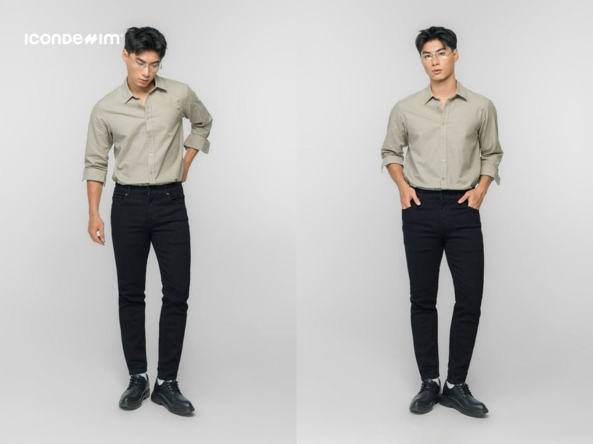 Áo sơ mi linen với quần jeans ôm thoải mái, thời thượng