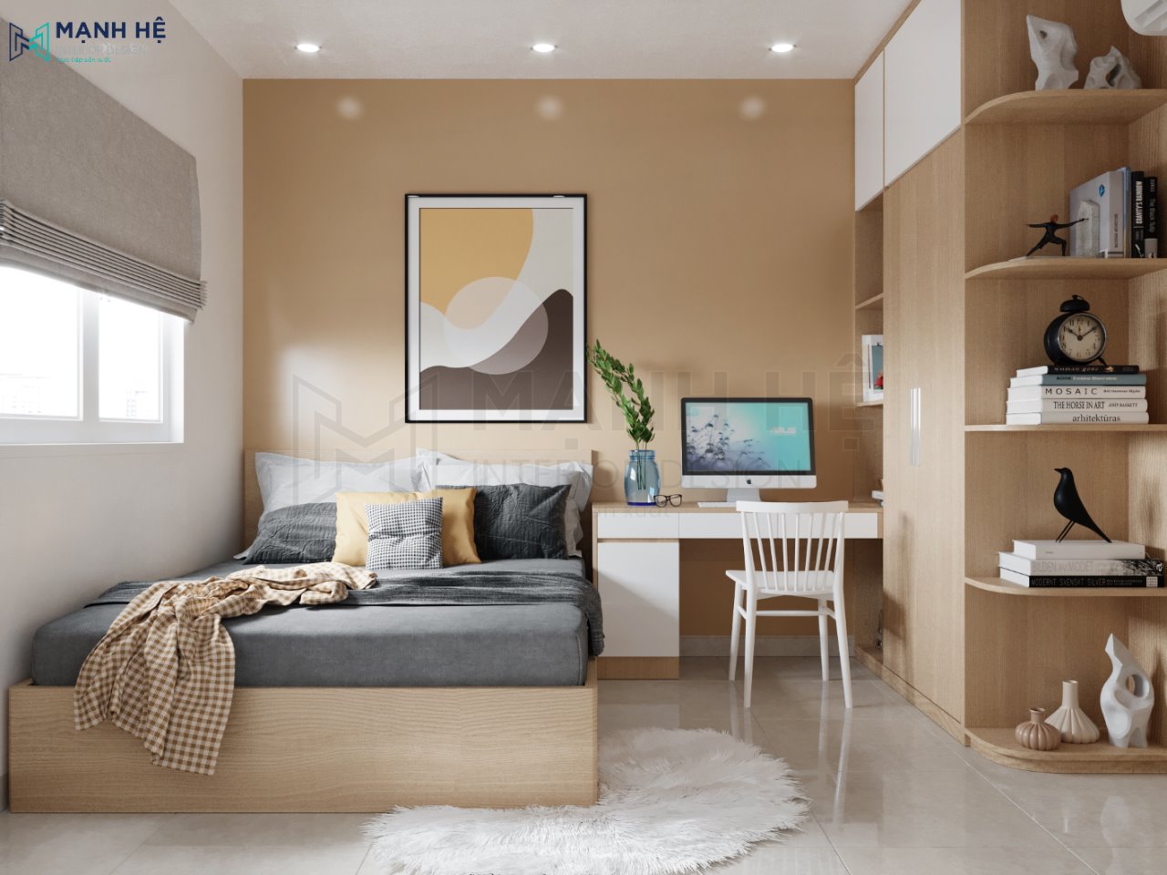 Phòng ngủ với tường màu be và nội thất gỗ sáng màu
