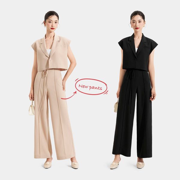 Set đồ áo khoác ngắn cổ vest phối cùng quần ống suông thanh lịch