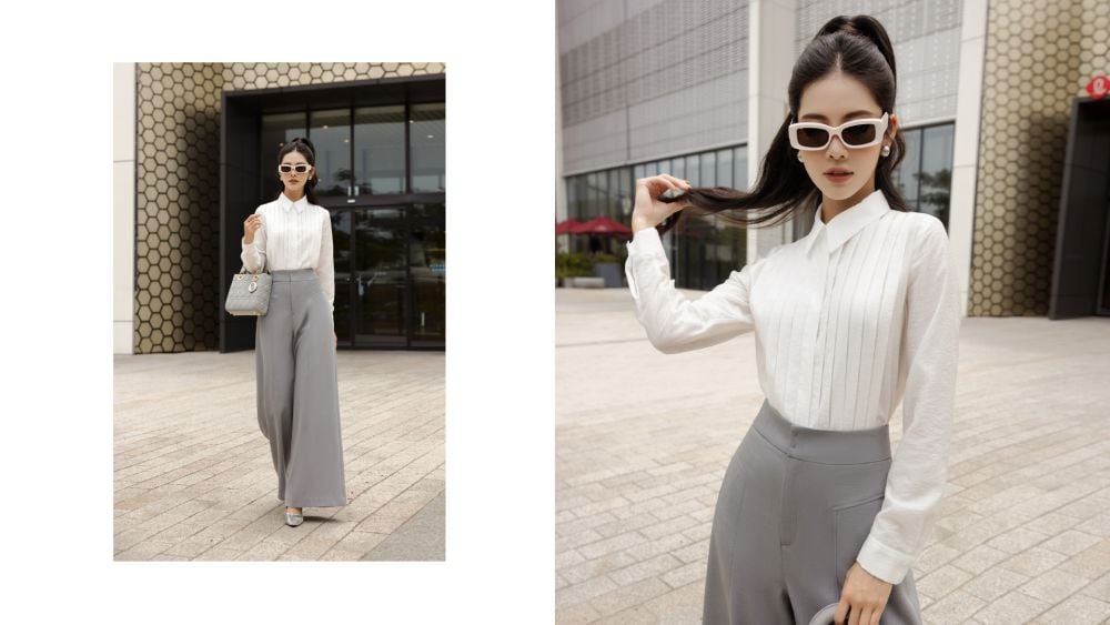 Áo sơ mi nữ phối quần ống rộng