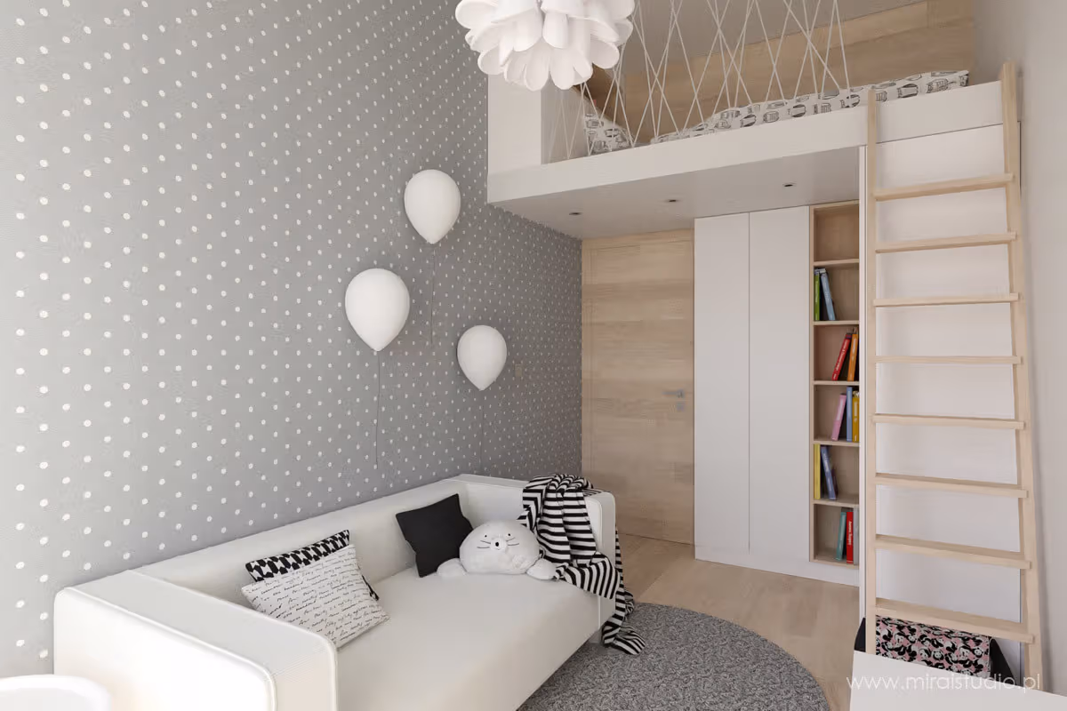 Phòng ngủ phong cách Scandinavian với tường trắng và nội thất gỗ sáng