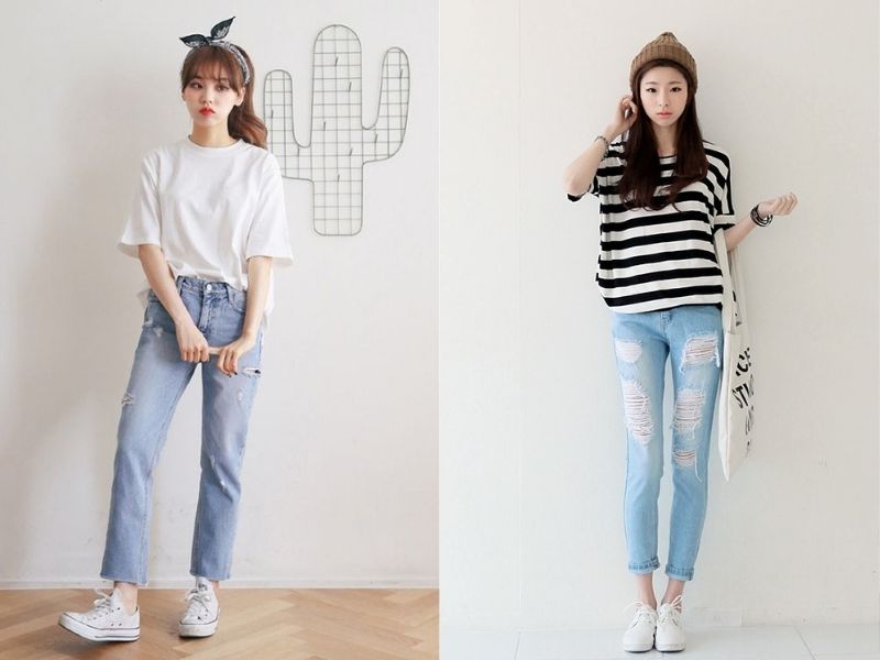 Áo thun phối quần jeans ôm