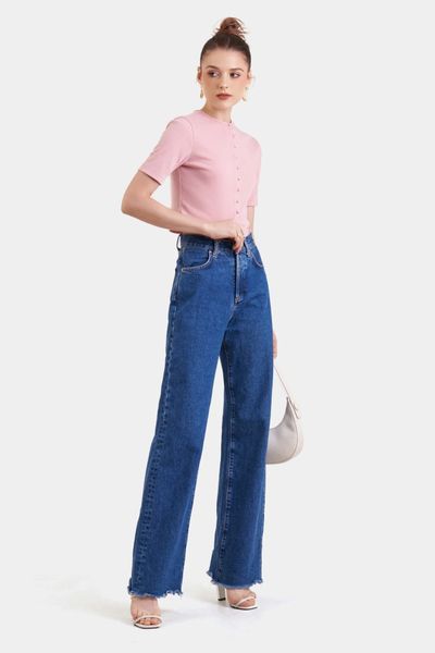 Áo thun gân croptop cài nút tay lỡ cổ tròn