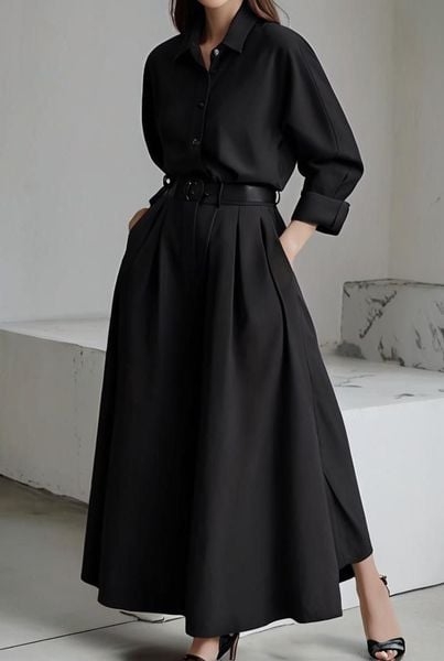 Outfit công sở - Váy liền thân đơn sắc thắt eo