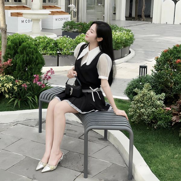 Áo kiểu vải sheer tay phồng phối gile
