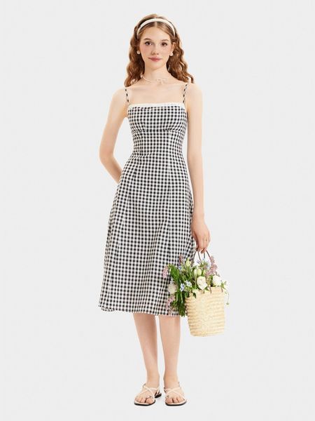 Đầm midi 2 dây caro phối viền ren - pattern breaking