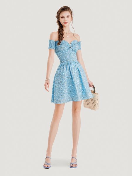 Đầm hoa mini bẹt vai smocking nữ tính cho đêm tiệc