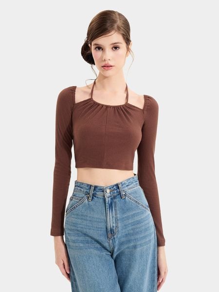 Áo croptop cổ yếm tay dài chụp với hoa bằng lăng