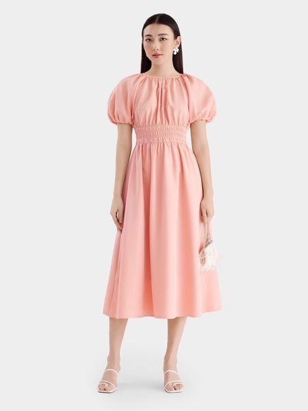 Đầm midi cổ tròn tay phồng