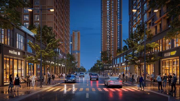 Trục thương mại khối đế tại Prime Garden ban đêm