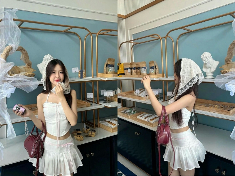 Phối đồ nữ đi chơi với khăn đội đầu và túi xách