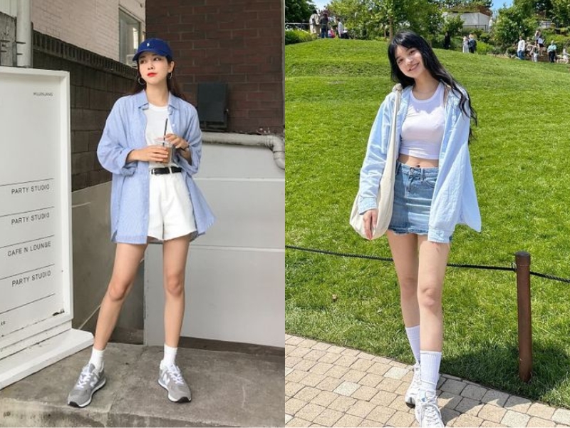 Áo sơ mi sáng màu khoác ngoài với quần short