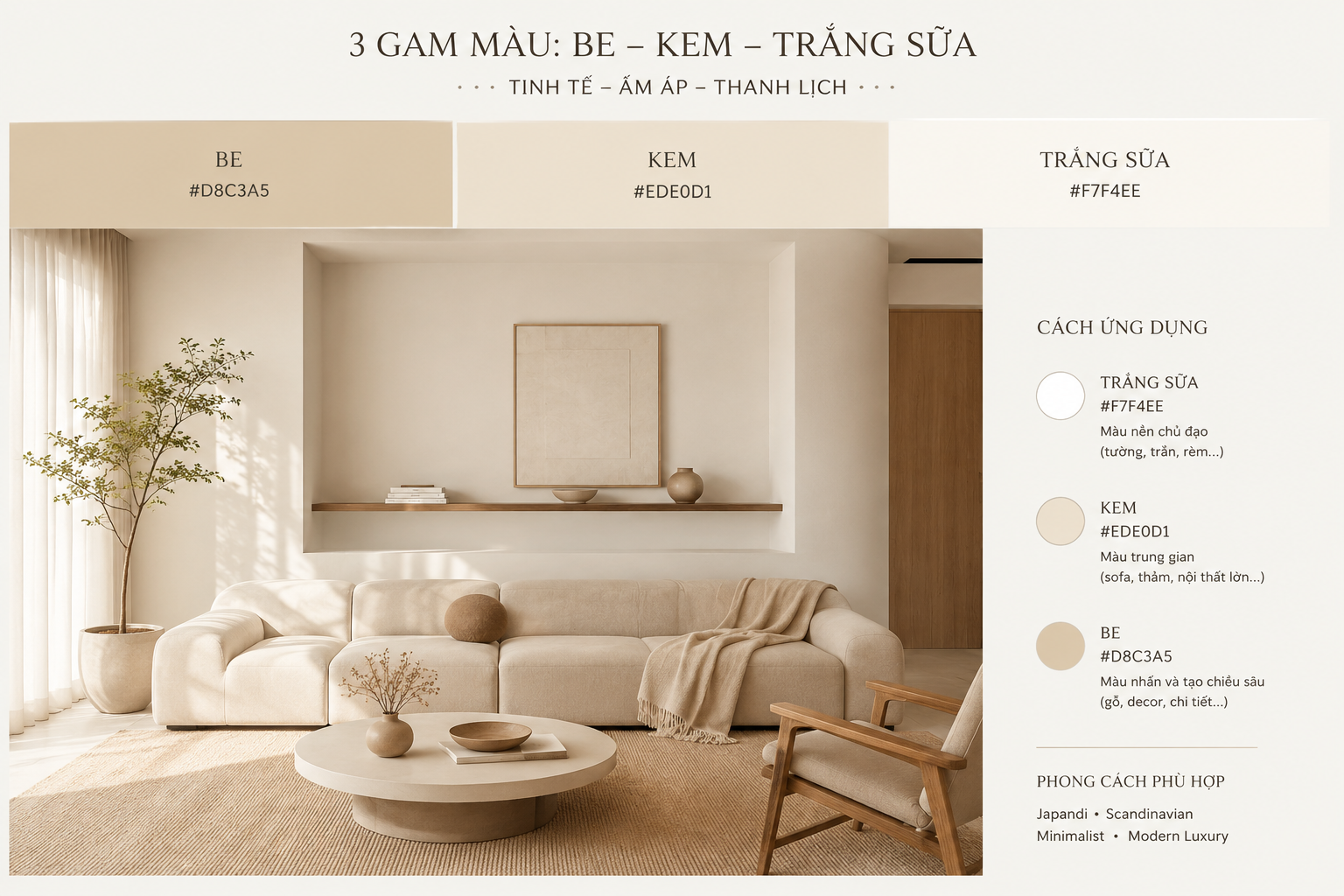 Gam màu be kem trắng sữa nội thất 2026