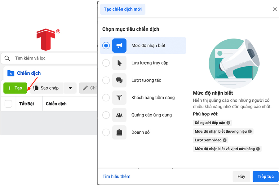 Giao diện tạo chiến dịch Facebook Ads với mục tiêu, ngân sách và cấu trúc nhóm quảng cáo