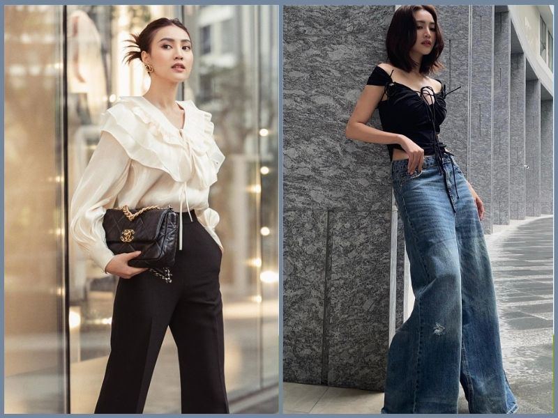 Áo tay phồng và quần ống suông nữ