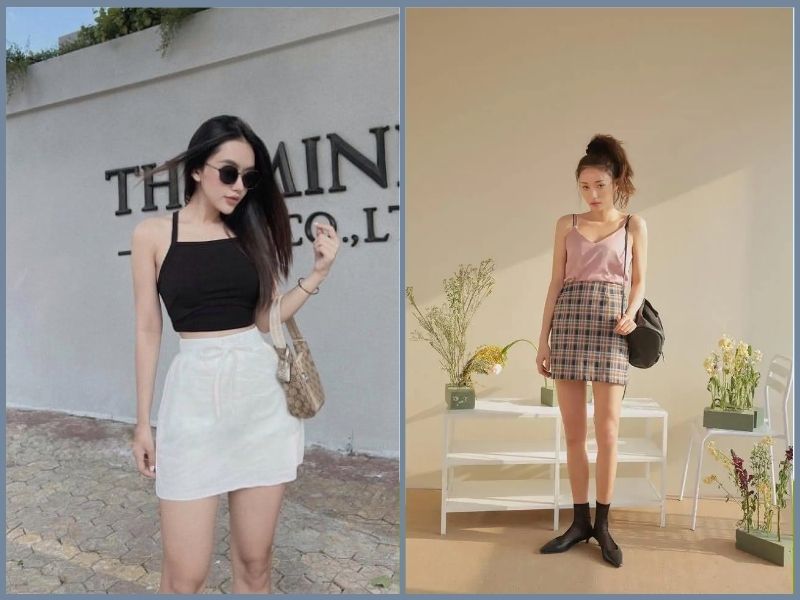 Áo hai dây với quần short hoặc chân váy