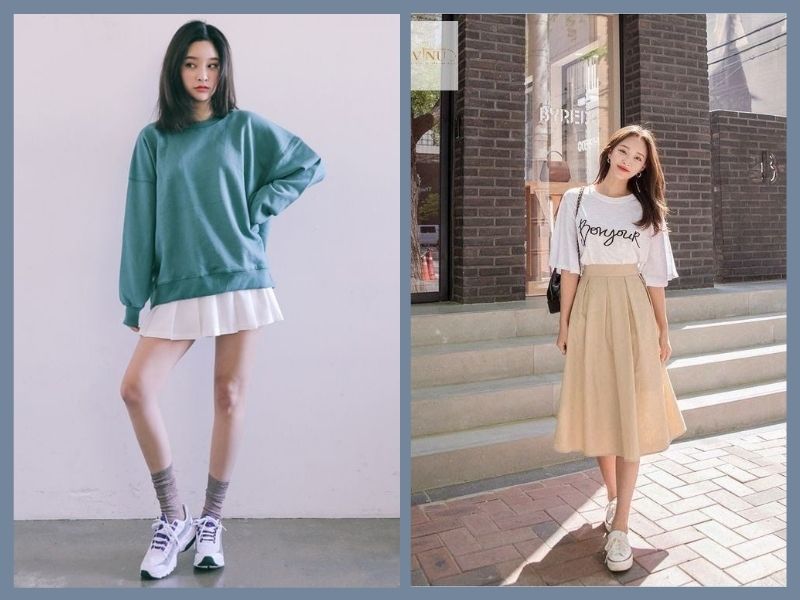 Chân váy xếp ly và giày thể thao cho buổi hẹn đầu