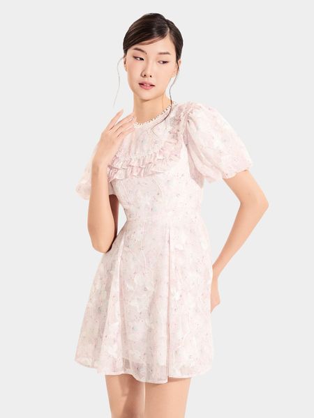 Đầm mini voan thêu hoa tay phồng cổ viền ren - layered transparency