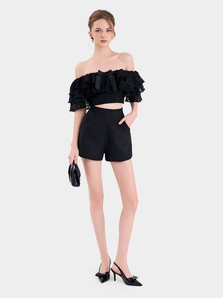 Áo ren croptop phối bèo 3 tầng đính nơ cổ và quần short