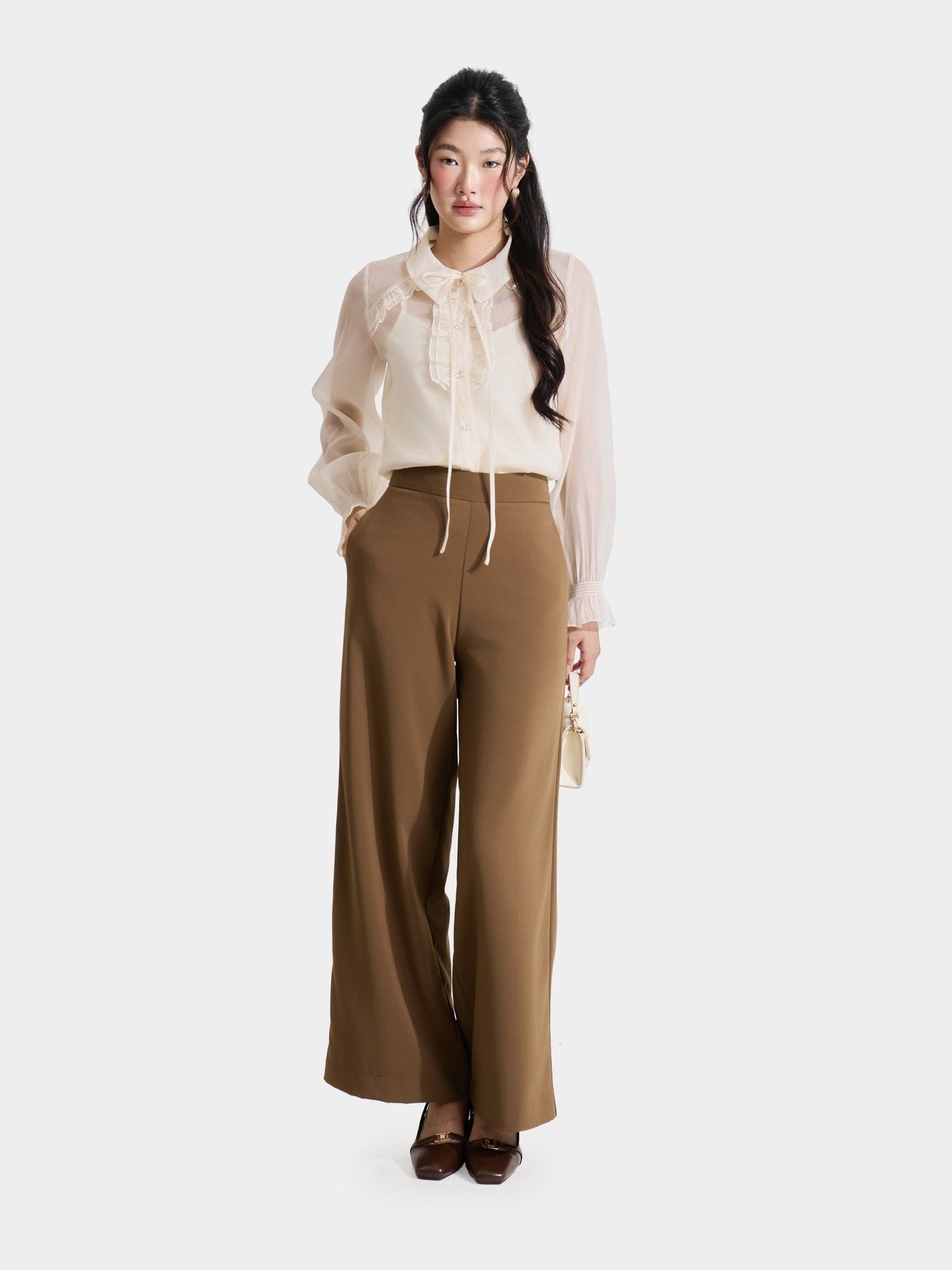 Áo sơ mi sheer tay dài phối bèo