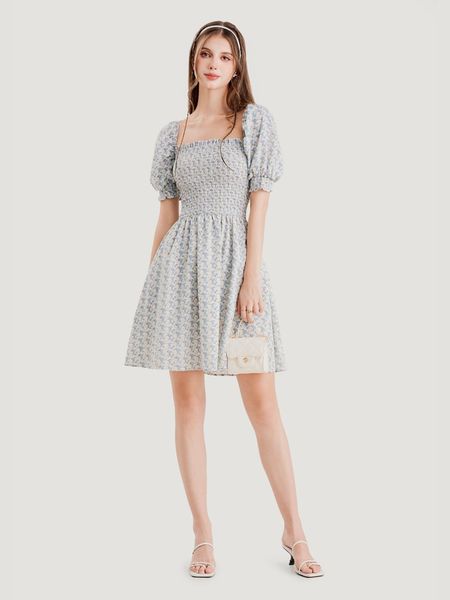Đầm hoa mini cổ vuông tay phồng smocking điệu đà