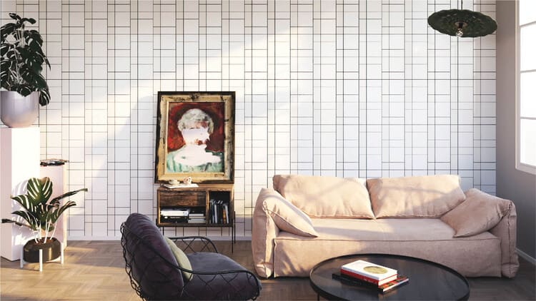 Phòng khách nhỏ với gạch ốp tường màu trắng sáng