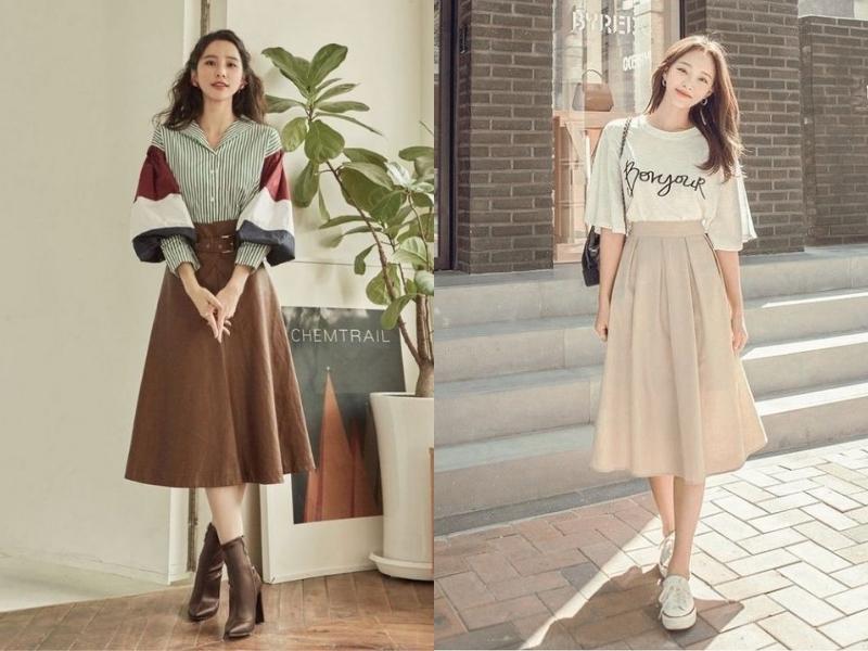 chân váy cạp cao phối áo sơ mi