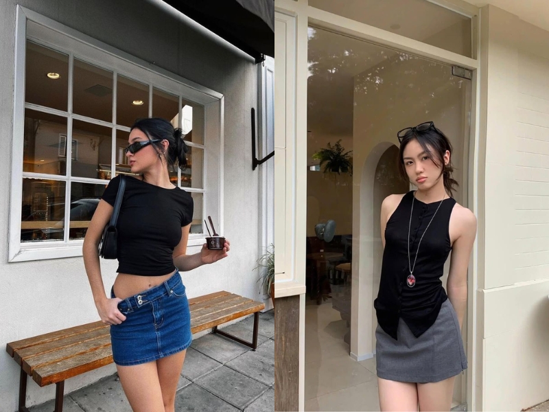 Phối đồ nữ đi chơi với áo thun đen và chân váy ngắn