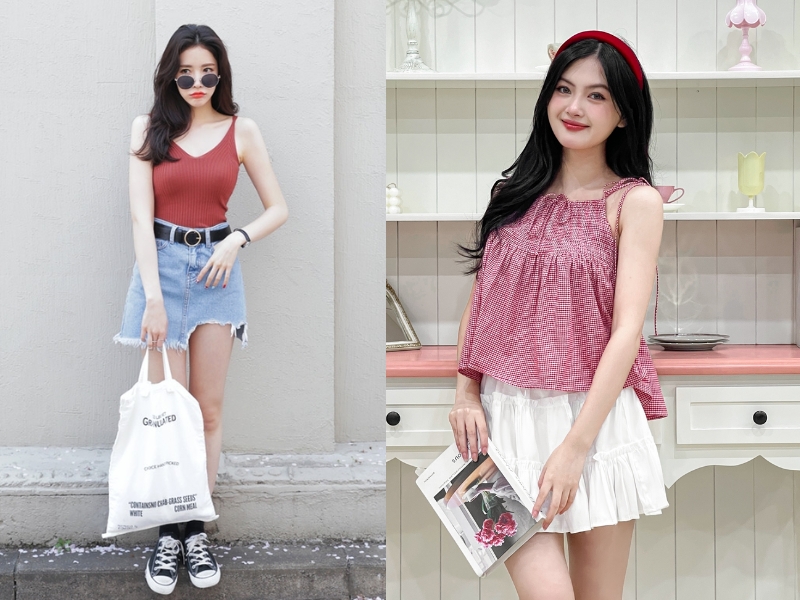 Outfit mùa hè với áo hai dây và quần short