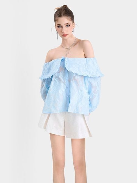 Áo kiểu sheer bẹt vai tay dài phối quần short
