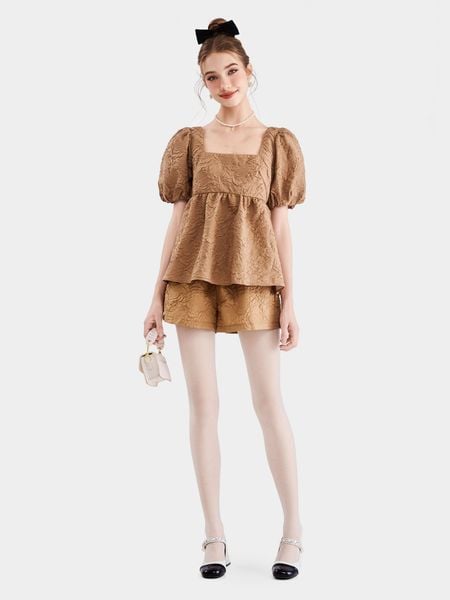 Áo kiểu babydoll tay phồng cổ vuông thắt nơ sau