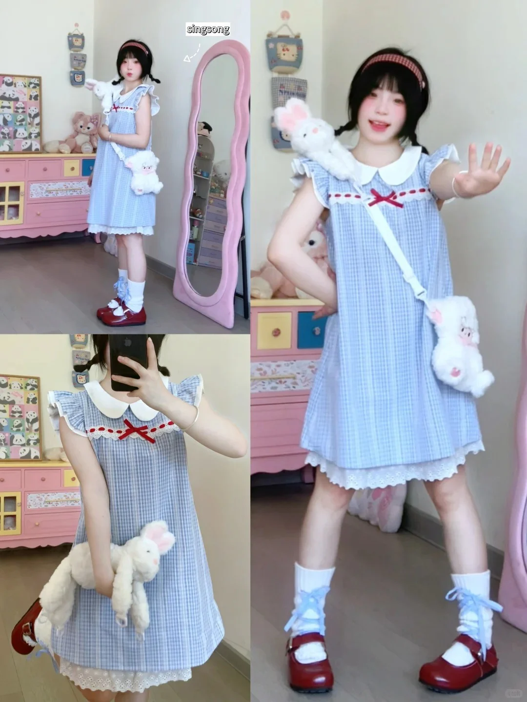 Váy baby doll kẻ caro xanh + Giày Mary Jane + Túi thú bông