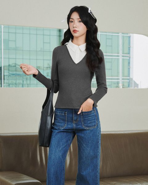Áo thun tay dài phối quần jean