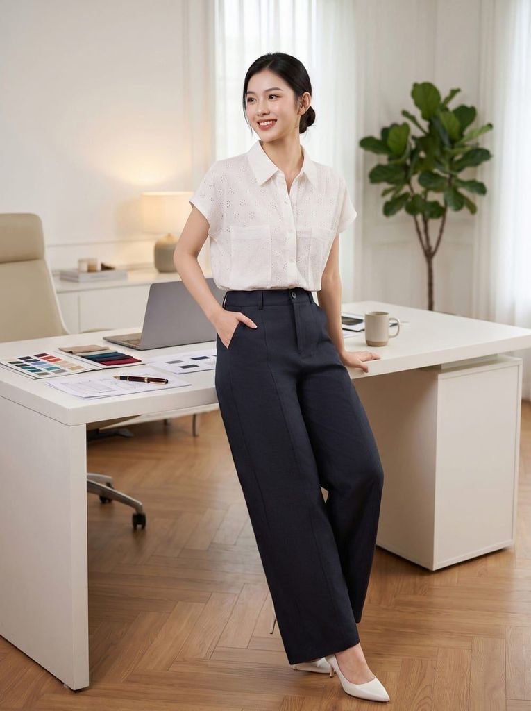 Áo sơ mi phối quần âu thanh lịch